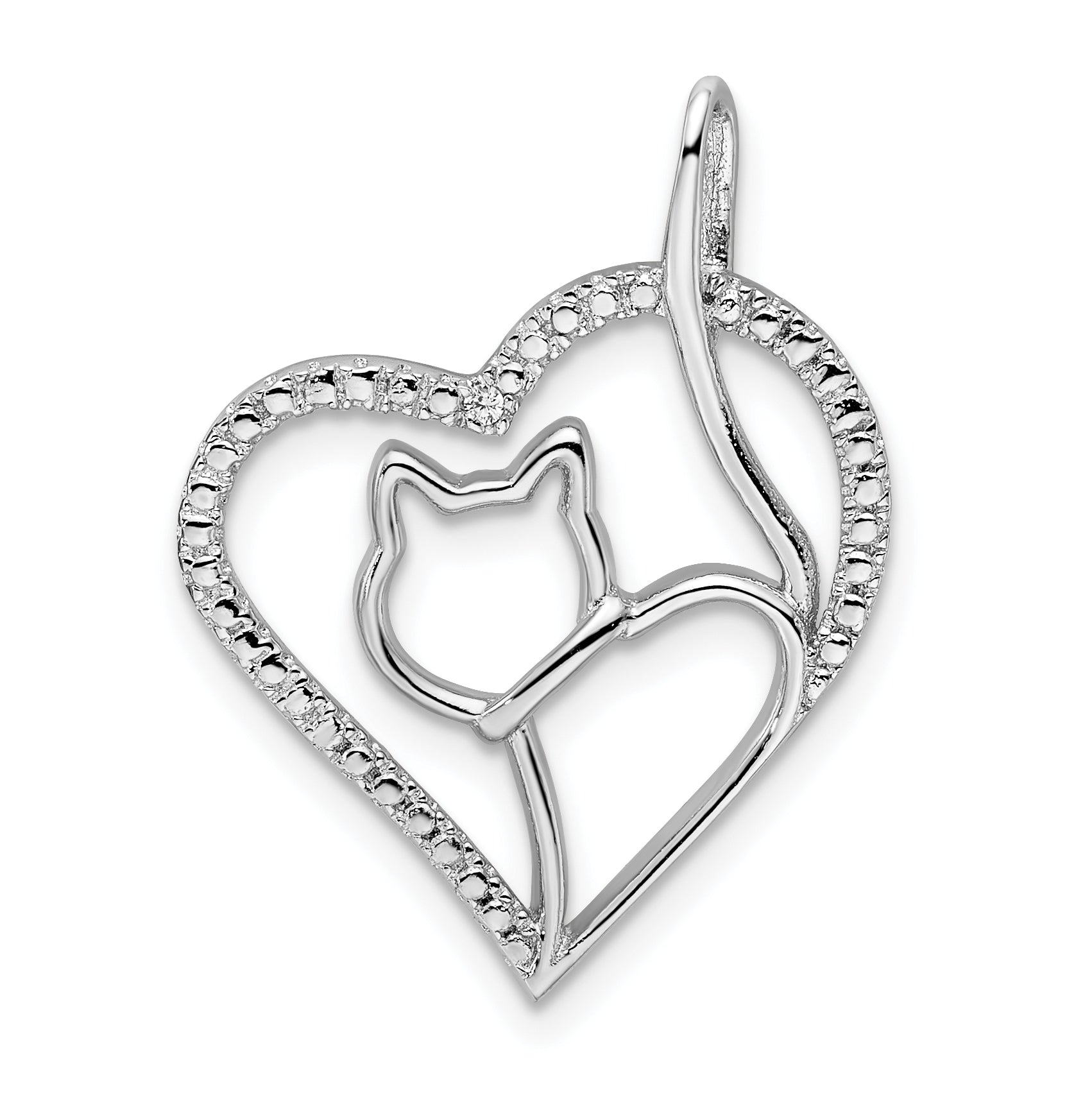 Sterling Silver Rhodium-plated CZ Heart with Cat Silhouette Pendant Main image