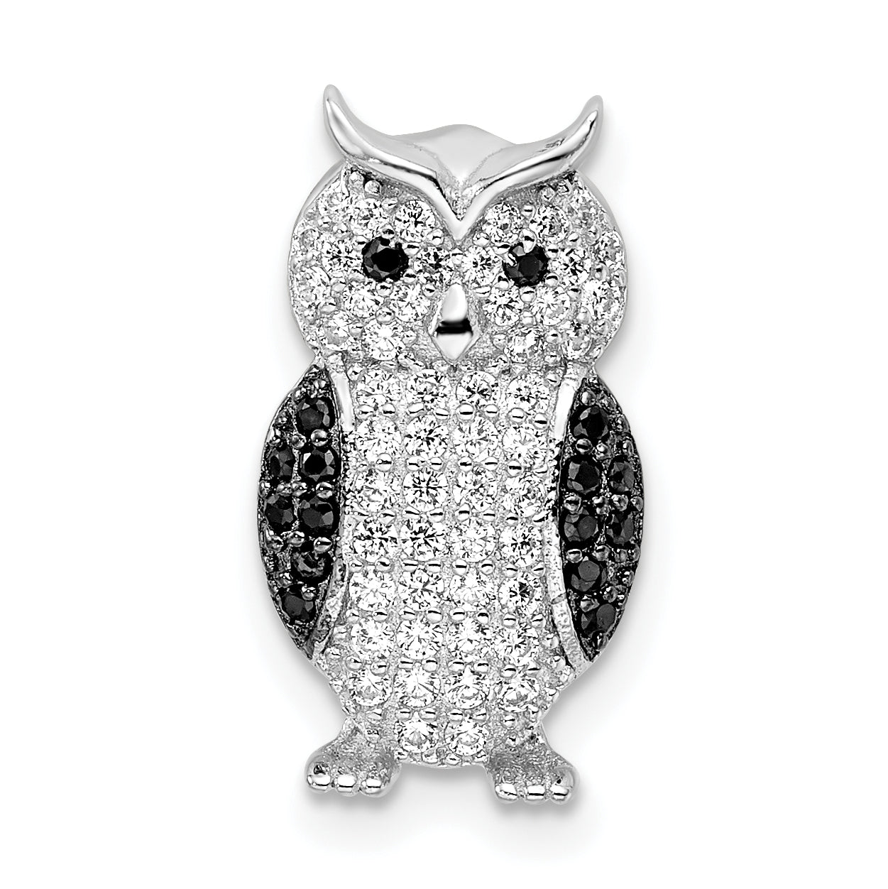 Sterling Silver Rhodium-plated Black & White CZ Owl Slide Pendant Main image