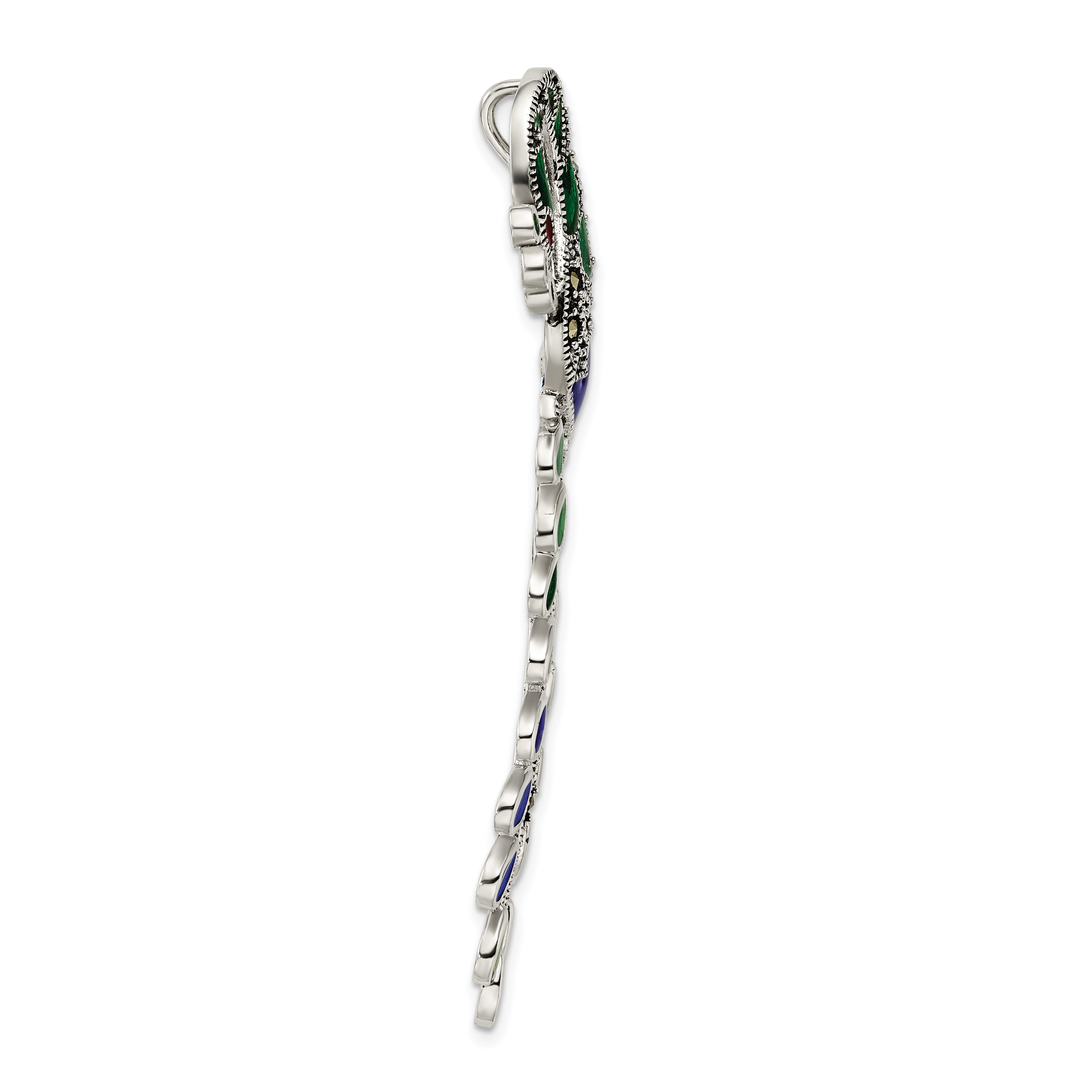 Sterling Silver Antiqued Green/Red/Blue Epoxy Marcasite Peacock Slide Secondary image