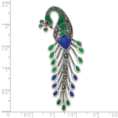Sterling Silver Antiqued Green/Red/Blue Epoxy Marcasite Peacock Slide