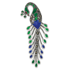 Sterling Silver Antiqued Green/Red/Blue Epoxy Marcasite Peacock Slide