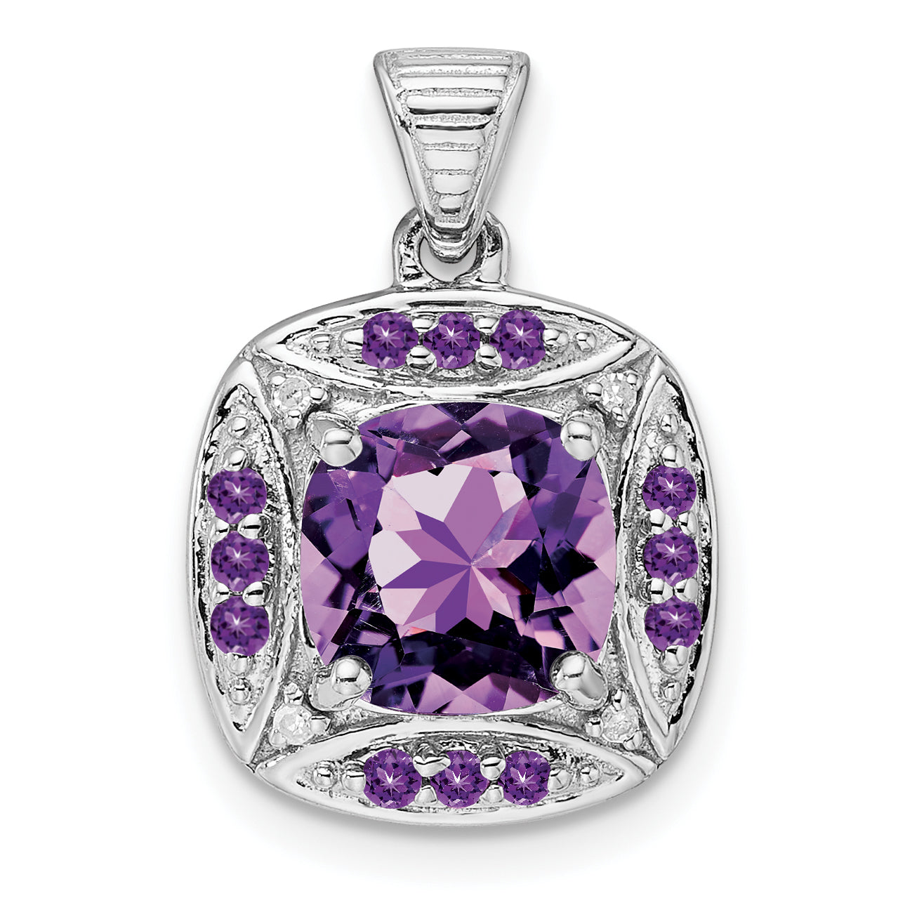 Sterling Silver Rhodium-plated Diamond and Amethyst Square Pendant Main image