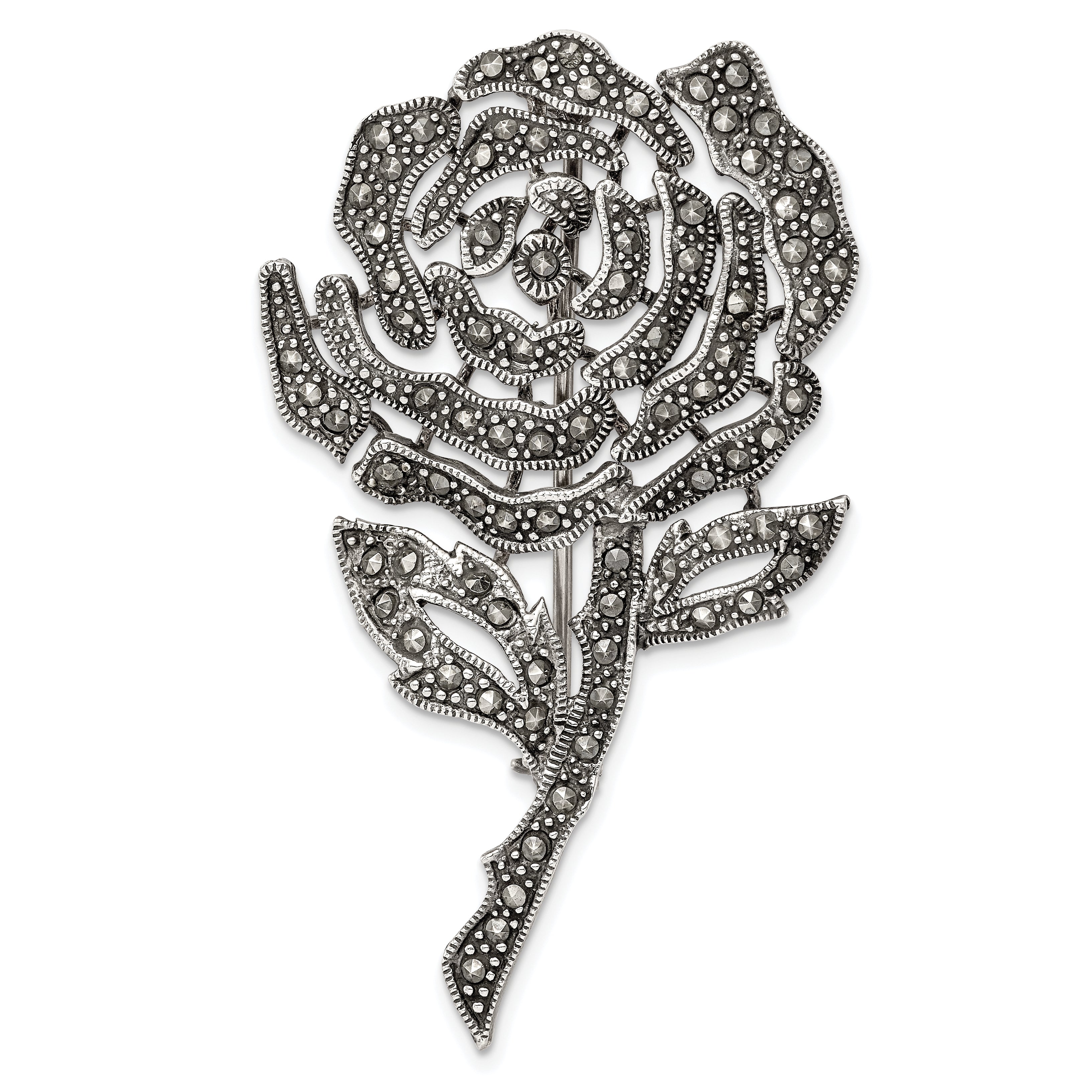 Sterling Silver Antiqued Marcasite Flower Pin Brooch