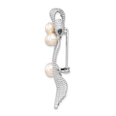 Sterling Silver Rhodium-plated Textured Ribbon with 5-6mm White Button Freshwater Cultured Pearls Pin Brooch