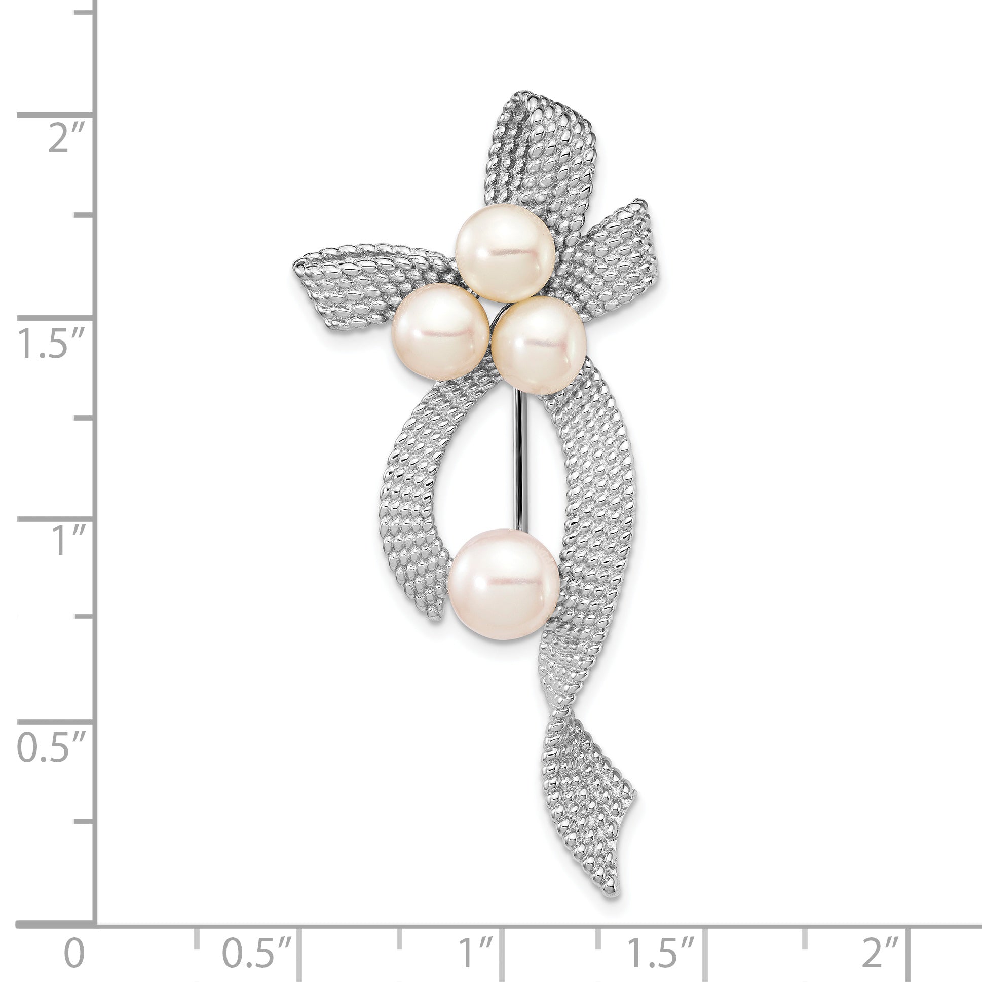 Sterling Silver Rhodium-plated Textured Ribbon with 5-6mm White Button Freshwater Cultured Pearls Pin Brooch