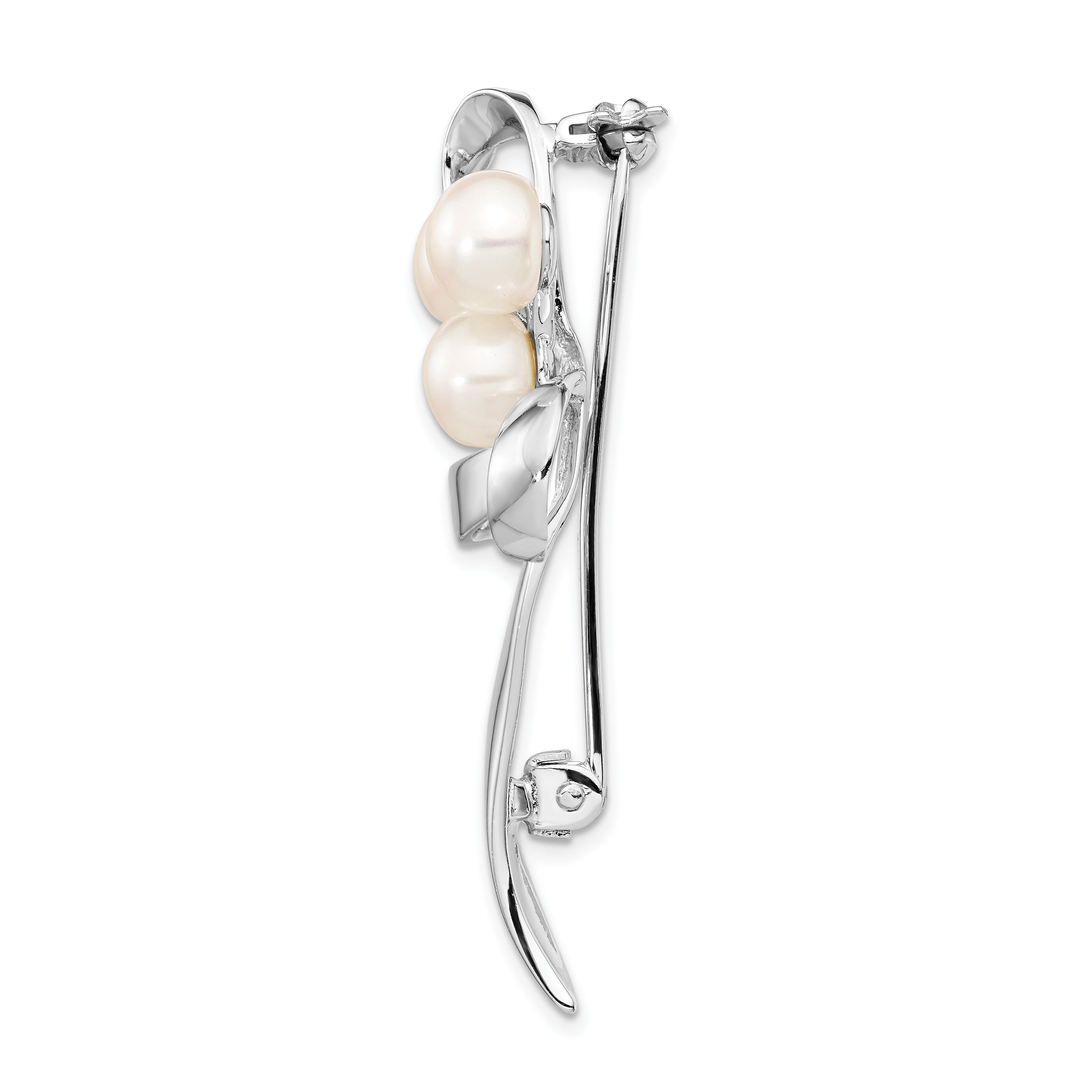 Sterling Silver Rhodium-plated Ribbon with 7-8mm White Button Freashwater Cultured Pearls Pin Brooch Secondary image