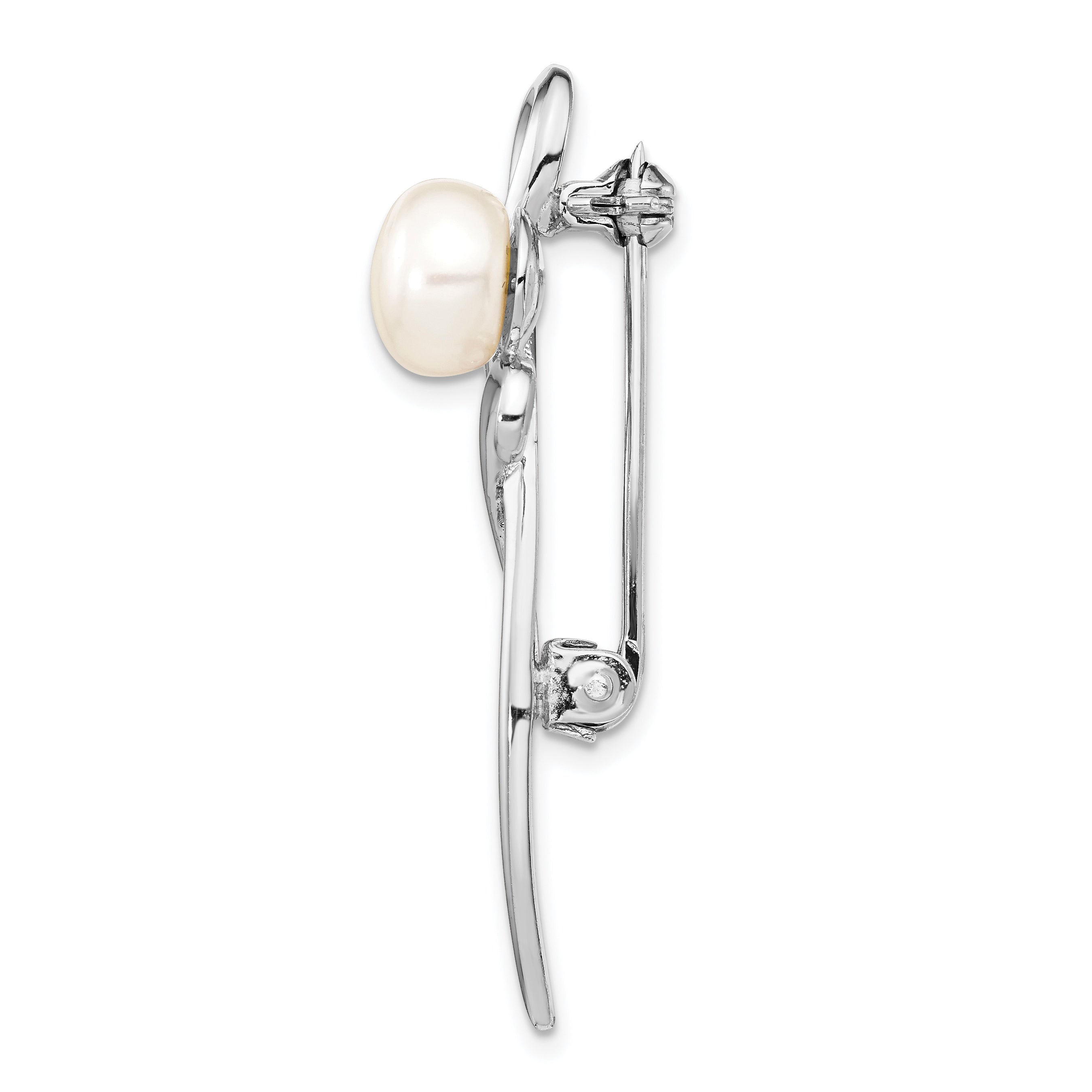 Sterling Silver Rhodium-plated 8-9mm White Button Freshwater Cultured Pearl Pin Brooch Secondary image