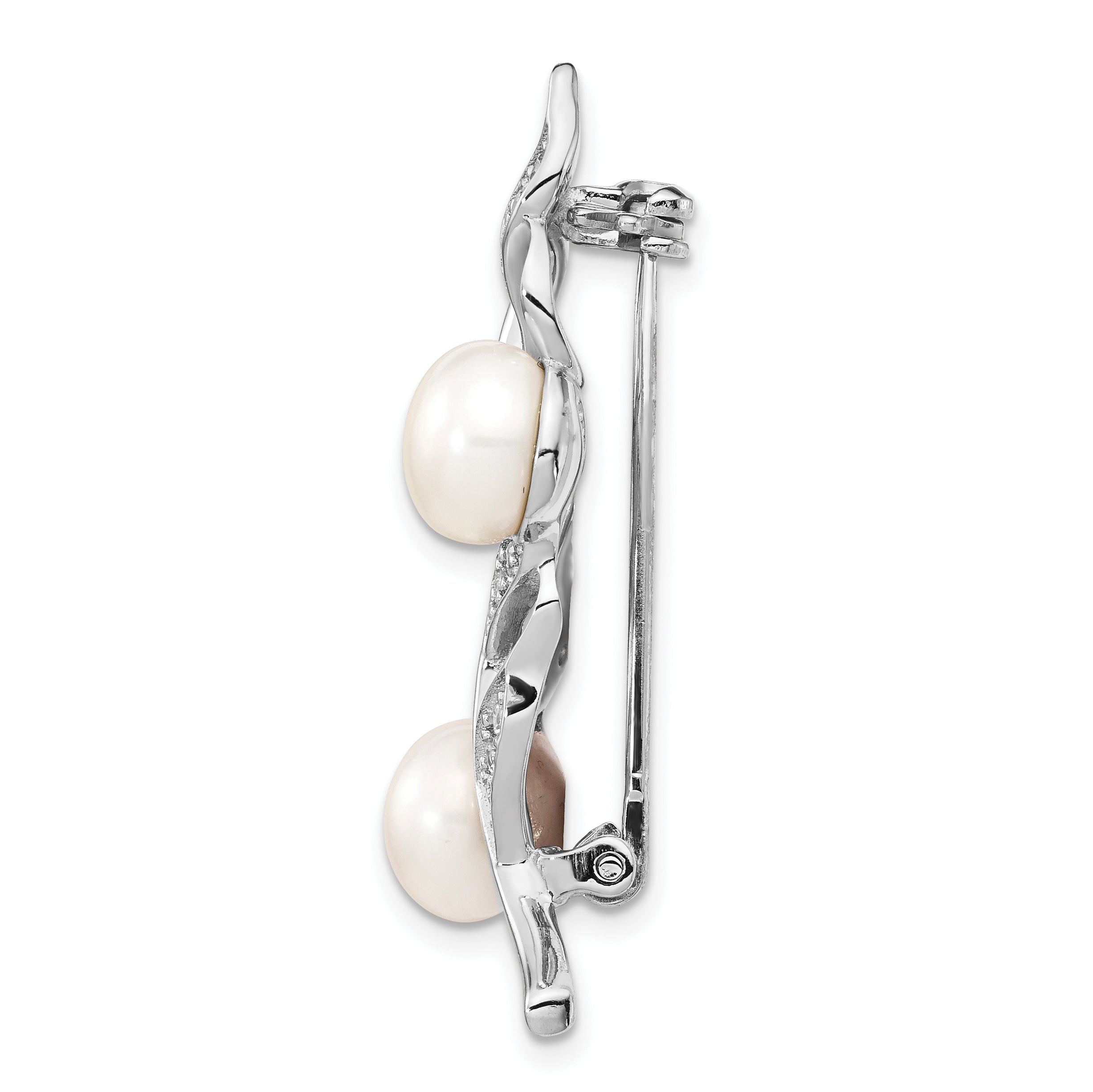 Sterling Silver Rhodium-plated Leaf Accented with CZ and 7-8mm White Button Freshwater Cultured Pearl Pin Brooch Secondary image