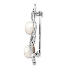 Sterling Silver Rhodium-plated Leaf Accented with CZ and 7-8mm White Button Freshwater Cultured Pearl Pin Brooch