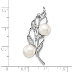 Sterling Silver Rhodium-plated Leaf Accented with CZ and 7-8mm White Button Freshwater Cultured Pearl Pin Brooch