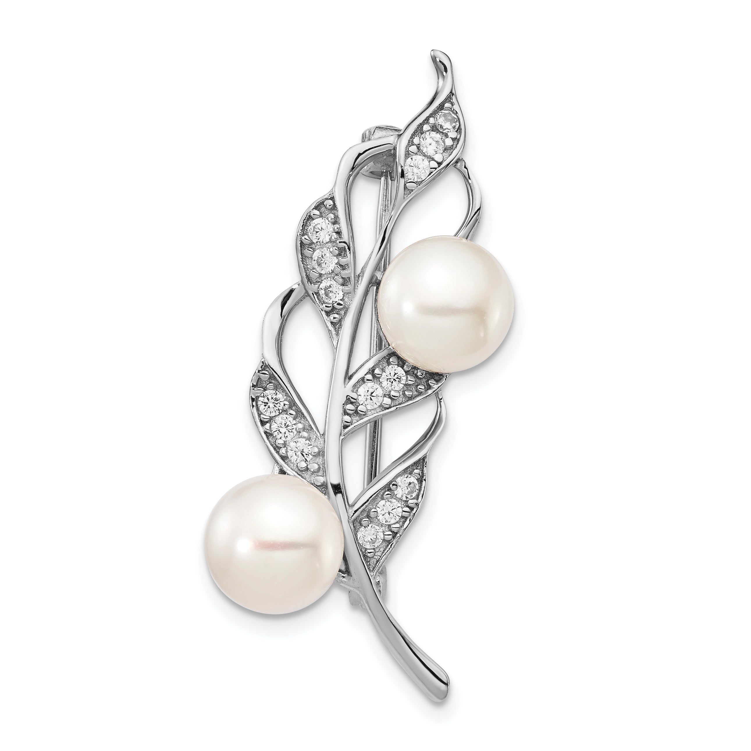 Sterling Silver Rhodium-plated Leaf Accented with CZ and 7-8mm White Button Freshwater Cultured Pearl Pin Brooch Main image