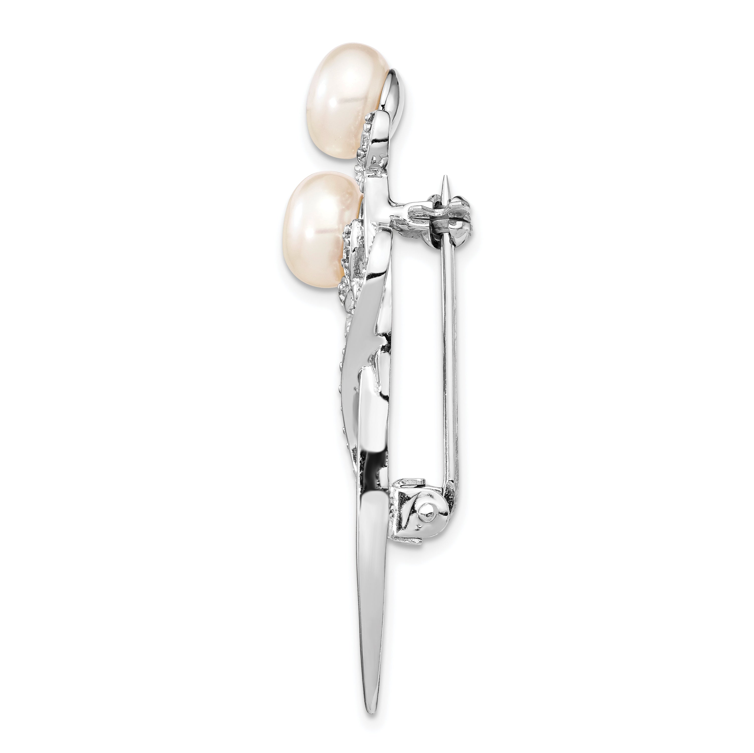 Sterling Silver Rhodium-plated Flowers with CZ and 7-8mm White Button Freshwater Cultured Pearls Pin Brooch Secondary image