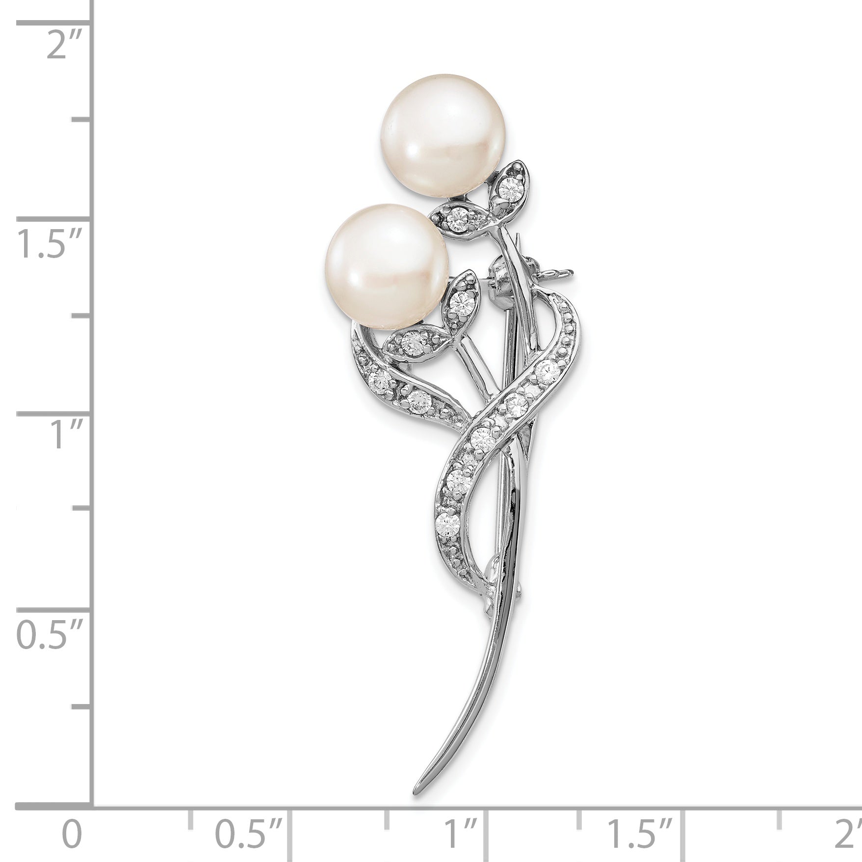 Sterling Silver Rhodium-plated Flowers with CZ and 7-8mm White Button Freshwater Cultured Pearls Pin Brooch