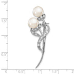 Sterling Silver Rhodium-plated Flowers with CZ and 7-8mm White Button Freshwater Cultured Pearls Pin Brooch