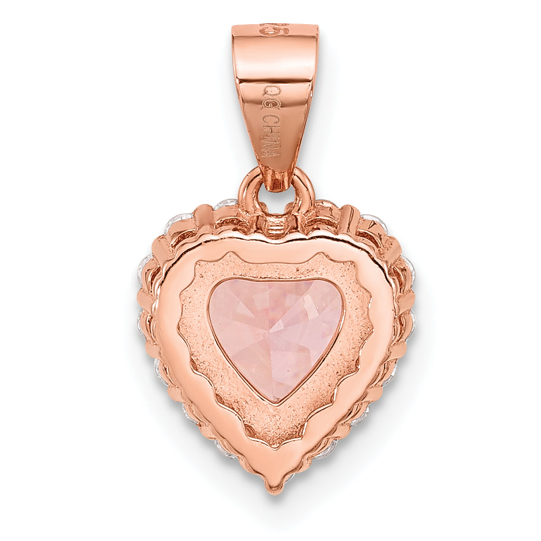 Sterling Silver Rose-plated Pink Crystal Heart and Clear CZ Pendant