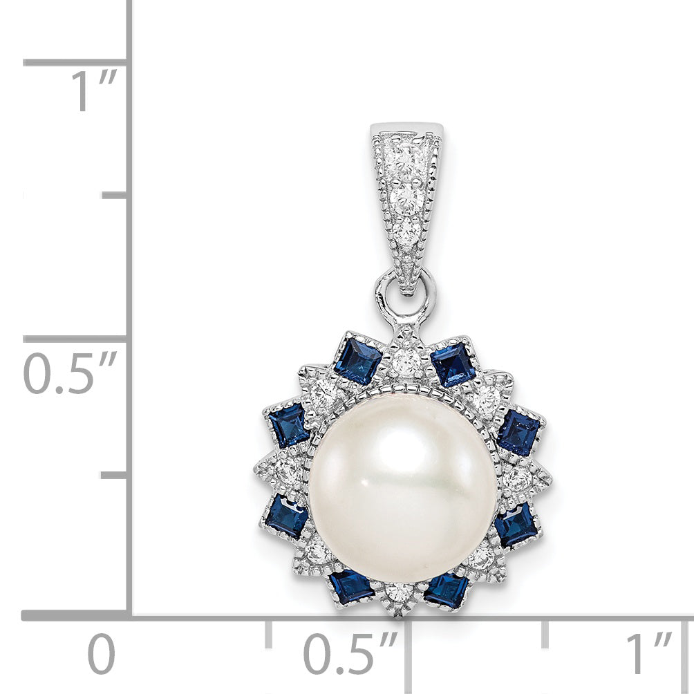 Sterling Silver RH-plated FWC Pearl/Syn. Blue Spinel Flower Pendant