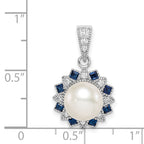 Sterling Silver RH-plated FWC Pearl/Syn. Blue Spinel Flower Pendant
