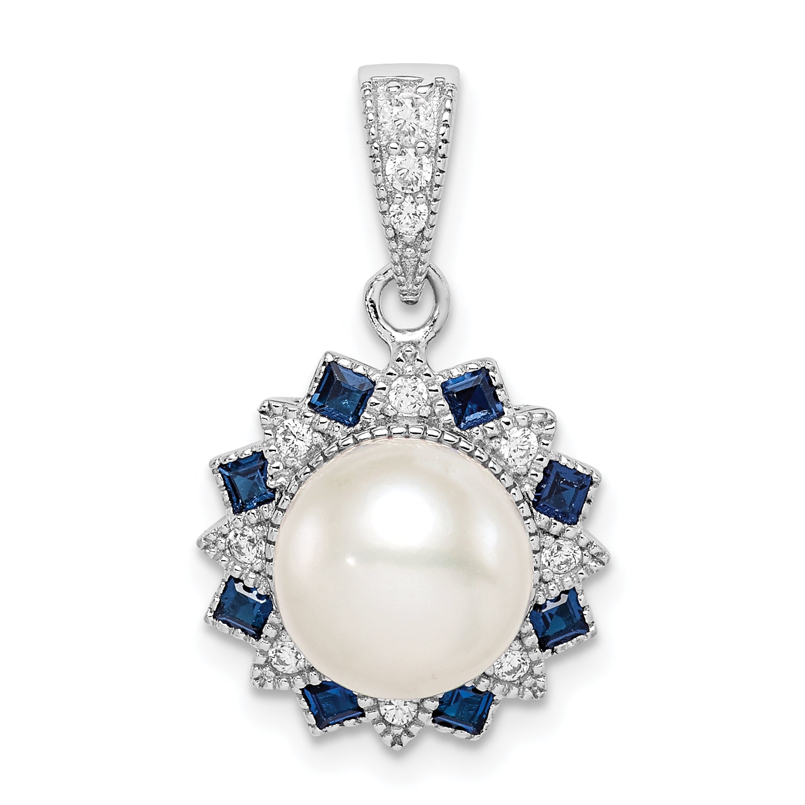 Sterling Silver RH-plated FWC Pearl/Syn. Blue Spinel Flower Pendant Main image