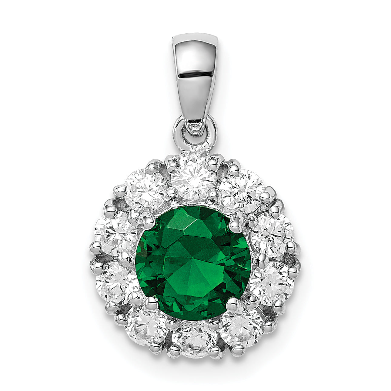 Sterling Silver Rhodium-plated Green Glass and CZ Halo Pendant Main image
