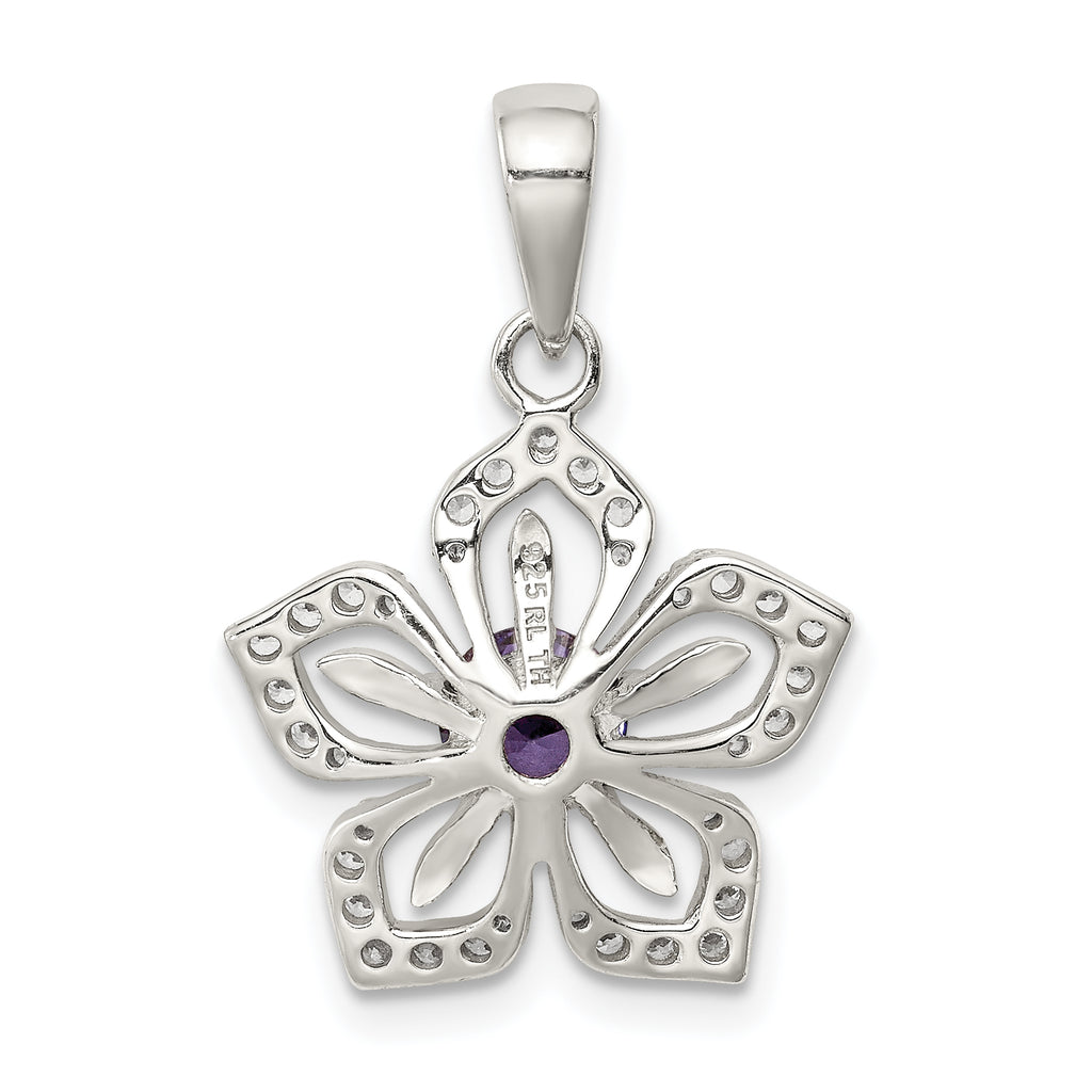 Sterling Silver Purple and Clear CZ Flower Pendant