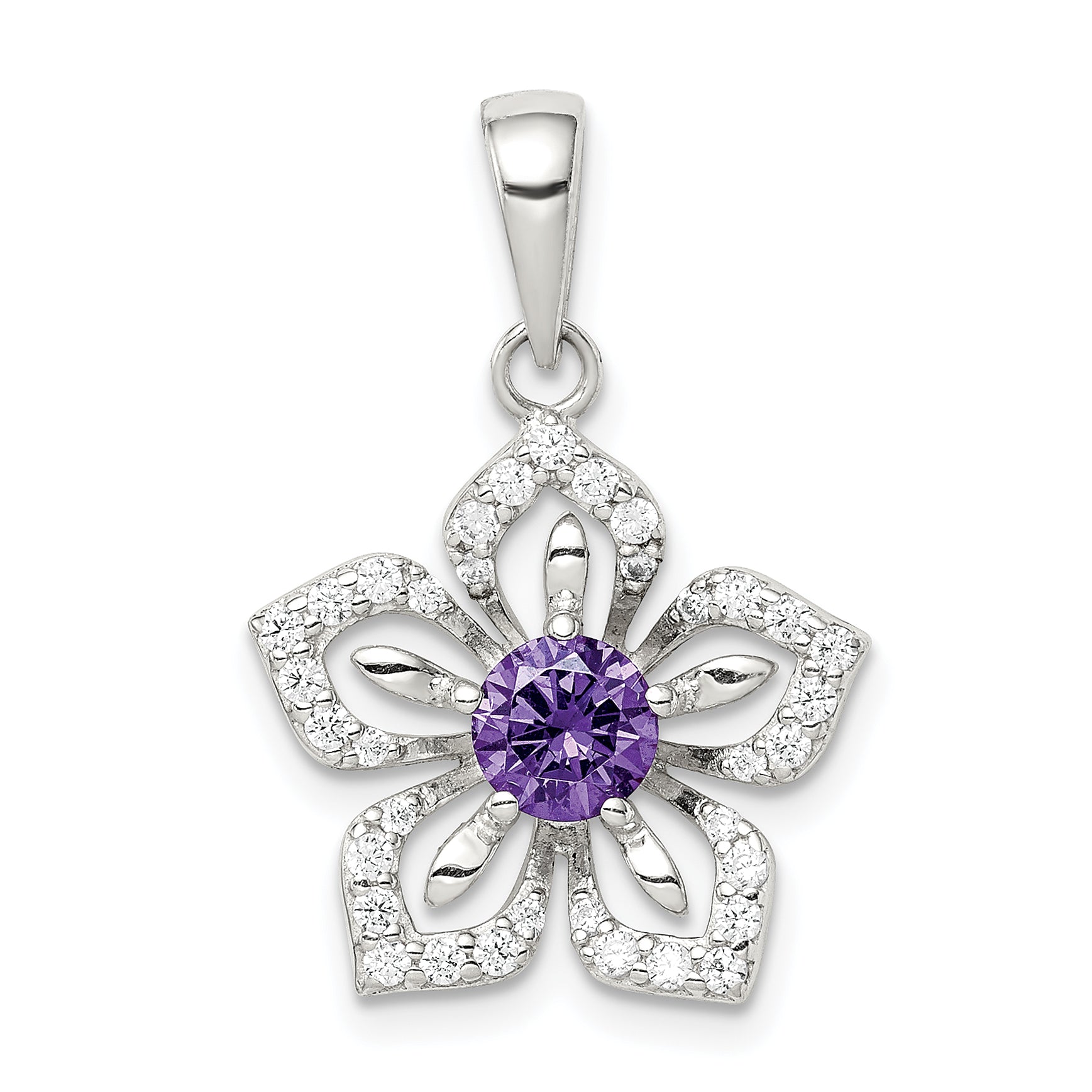 Sterling Silver Purple and Clear CZ Flower Pendant Main image