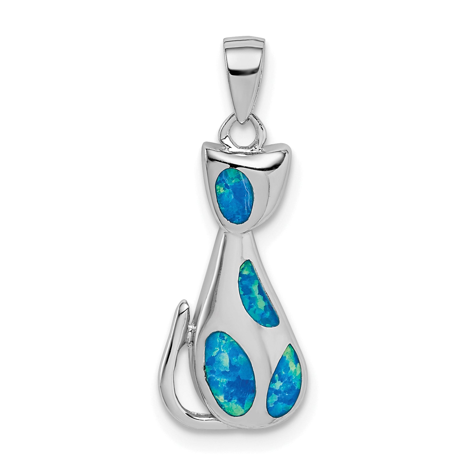 Sterling Silver Rhodium-plated Cat w/Created Opal Accents Pendant Main image