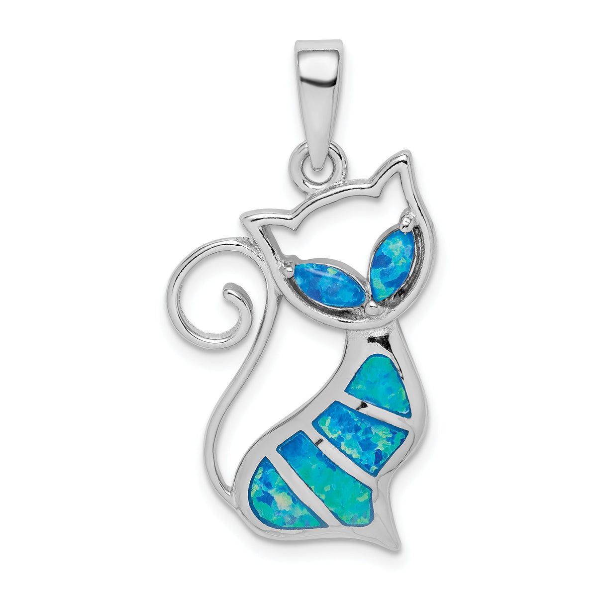 Cat Pendant in Sterling Silver with Lab-Created Opal, 27mm - Sophia Jewelers Main image