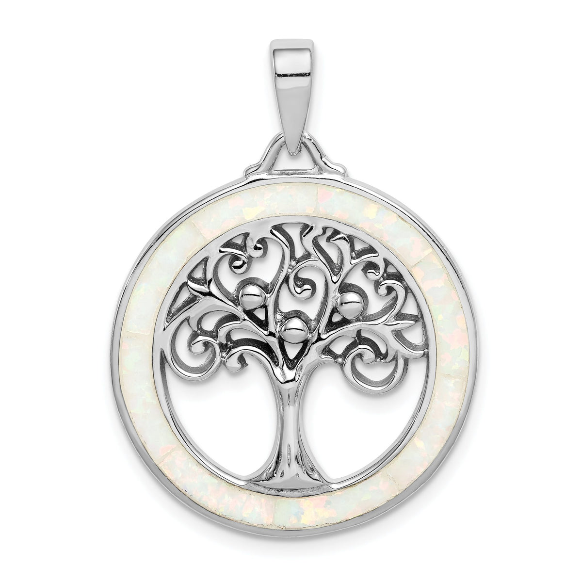 Tree of Life Circle Pendant in Sterling Silver with White Opal Border - Sophia Jewelers Main image