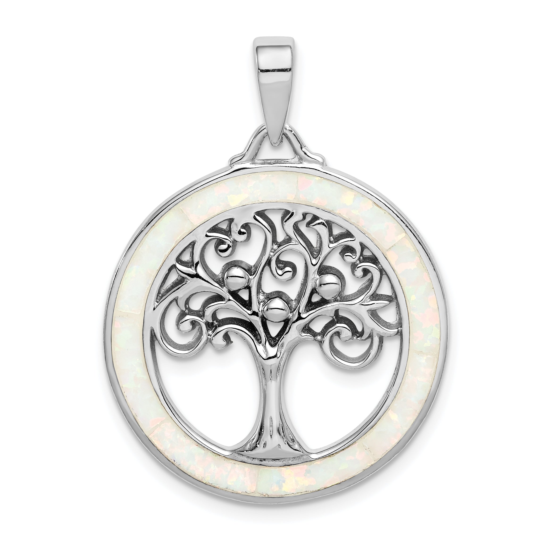 Sterling Silver Rhodium-plated Created Opal Circle w/Tree Pendant Main image
