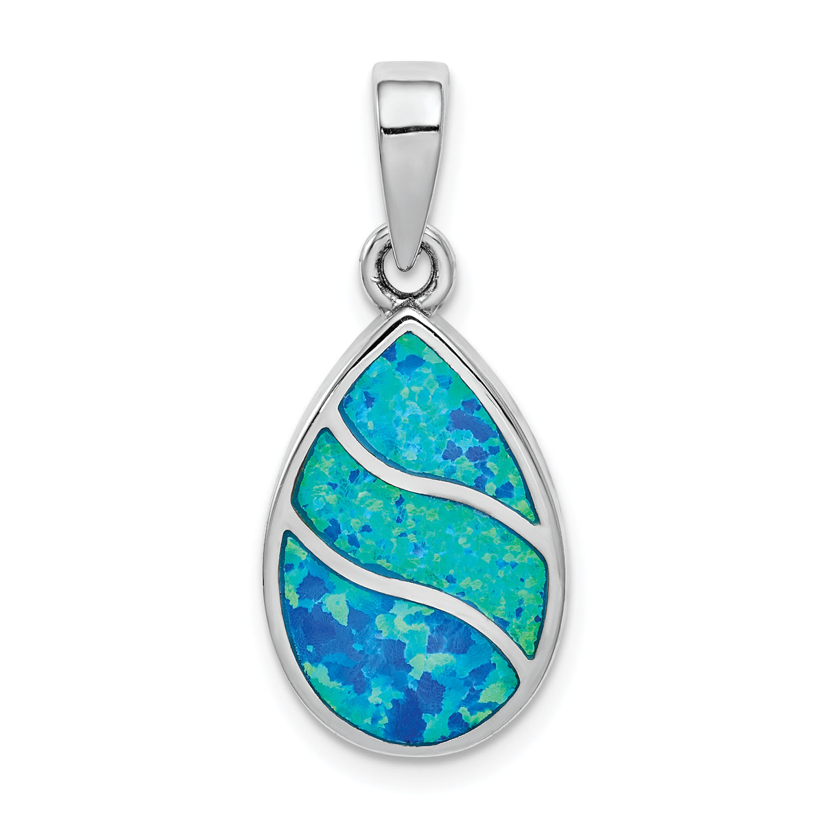 Sterling Silver Rhodium-plated Created Opal Inlay Teardrop Pendant