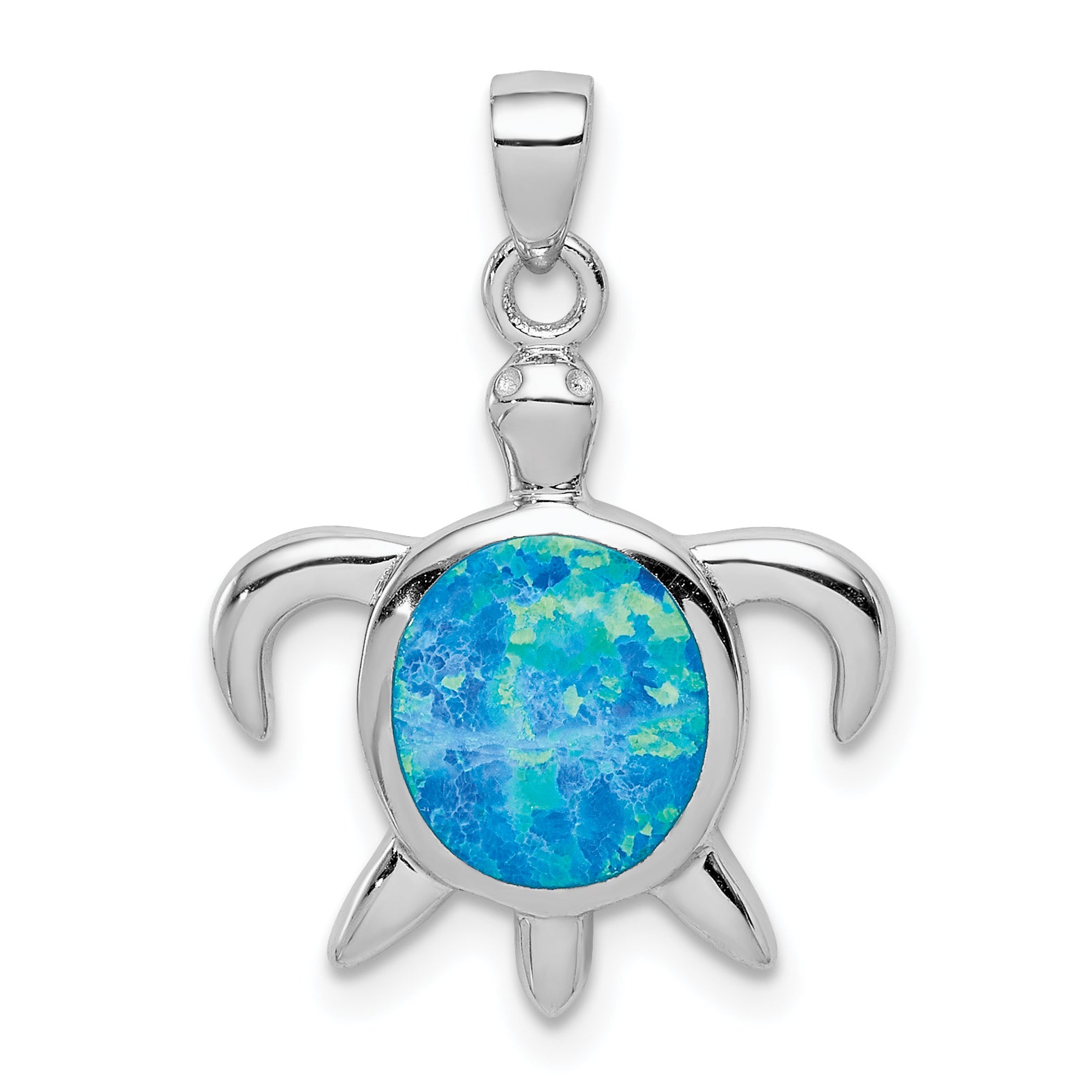 Sterling Silver Rhodium-plated Polished Created Opal Turtle Pendant Main image
