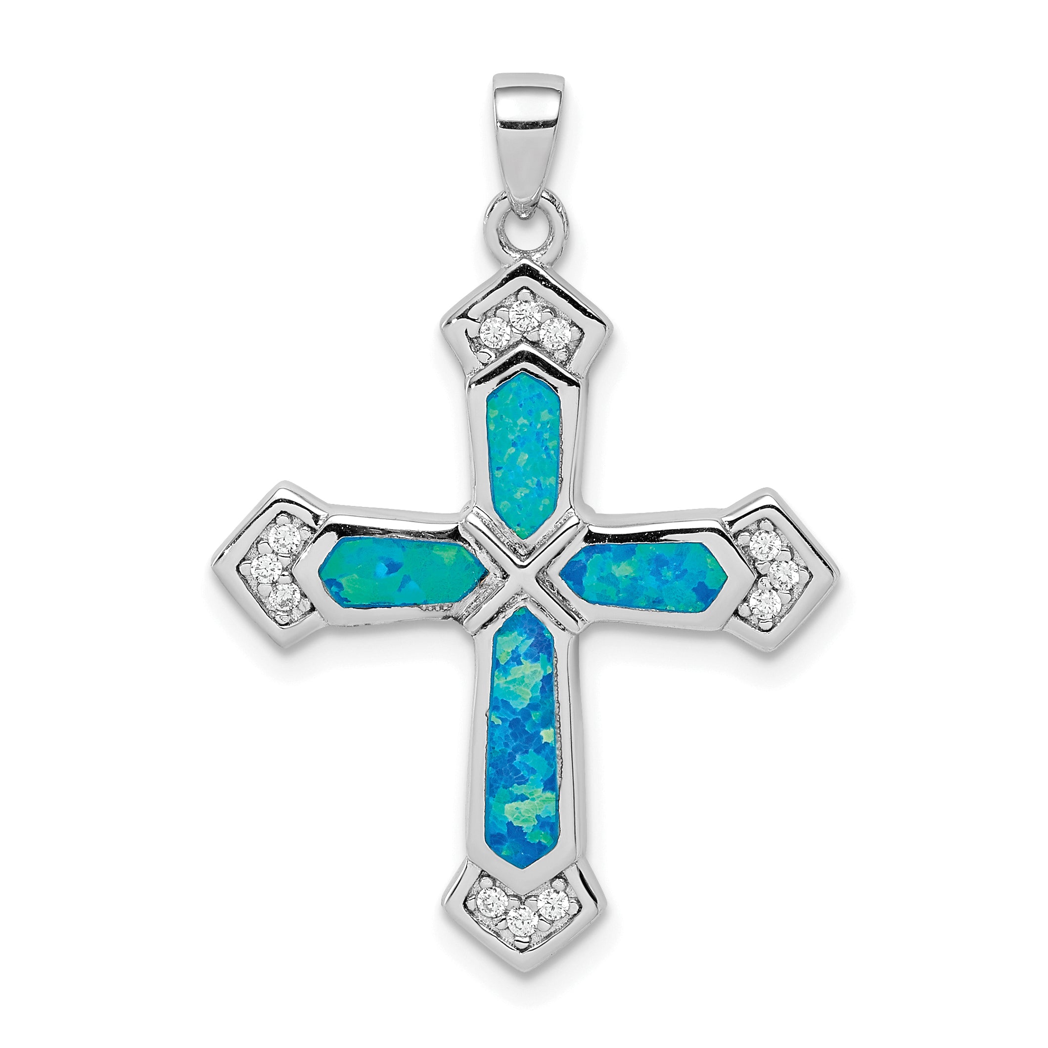 Sterling Silver Rhodium-plated Created Opal Cross CZ Pendant Main image