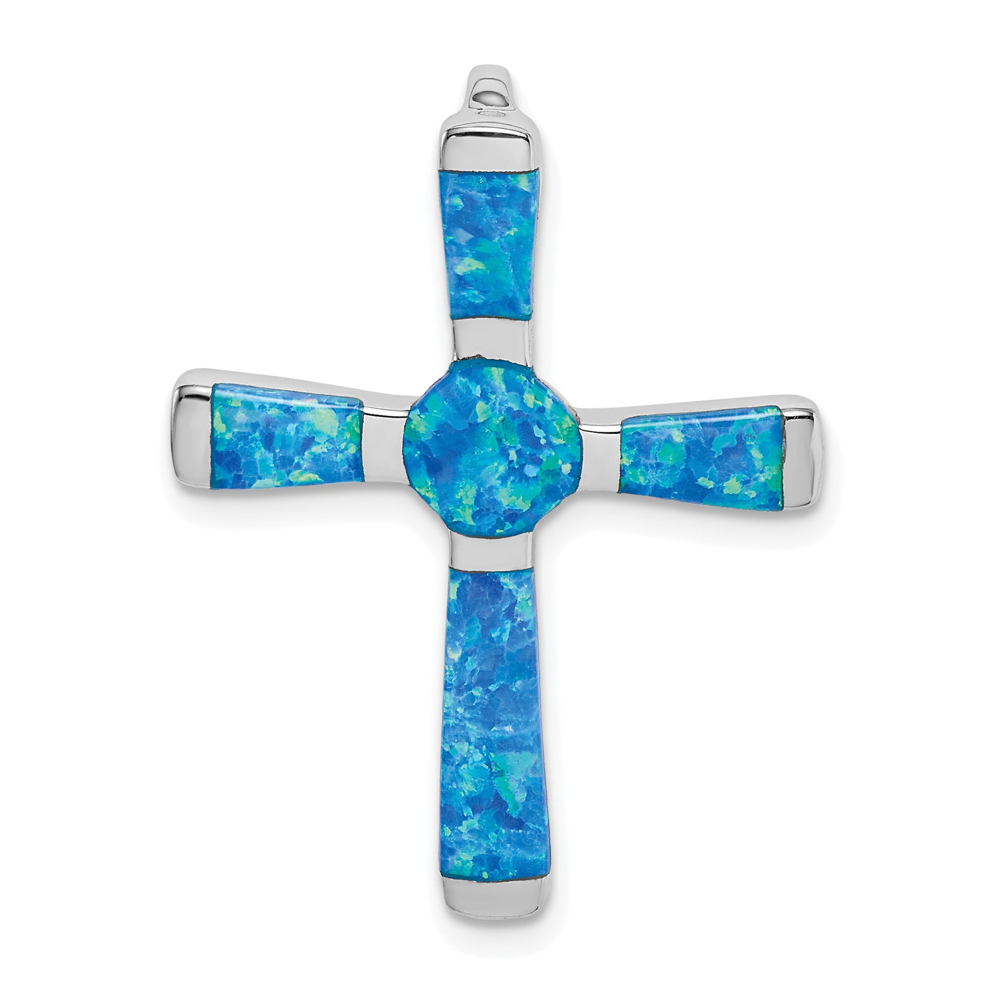 Sterling Silver Rhodium-plated Created Opal Cross Slide Pendant Main image