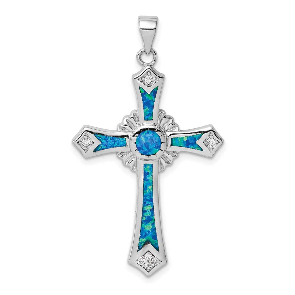Cross Pendant in Sterling Silver with Lab-Created Opal & Cubic Zirconia, 25x38mm - Sophia Jewelers Main image