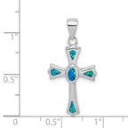 Sterling Silver Rhodium-plated Created Blue Opal Small Cross Pendant