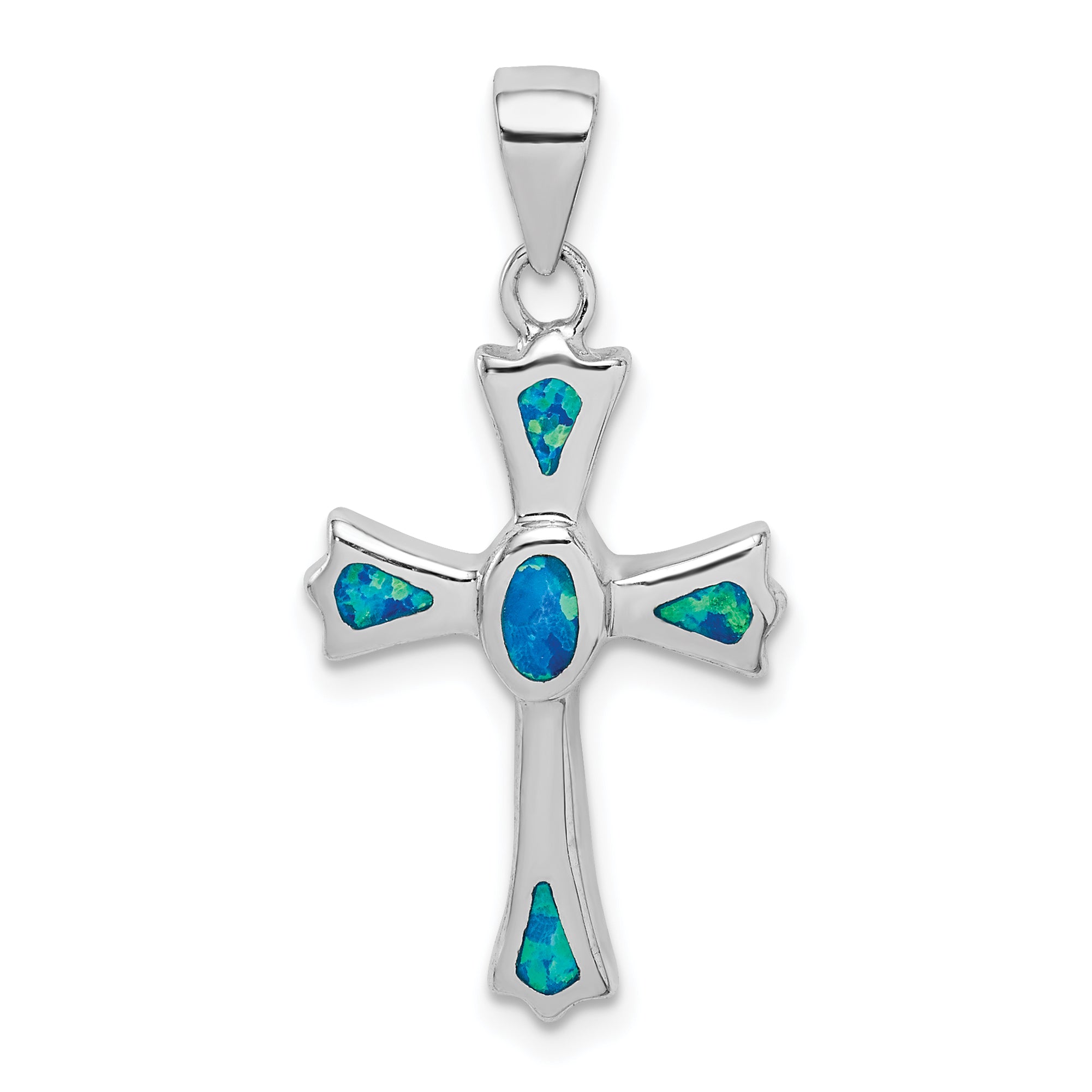 Sterling Silver Rhodium-plated Created Blue Opal Small Cross Pendant Main image