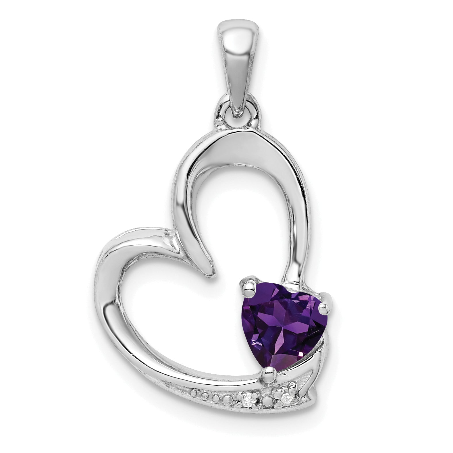 Sterling Silver Rhodium-plated Amethyst and Diamond Heart Pendant