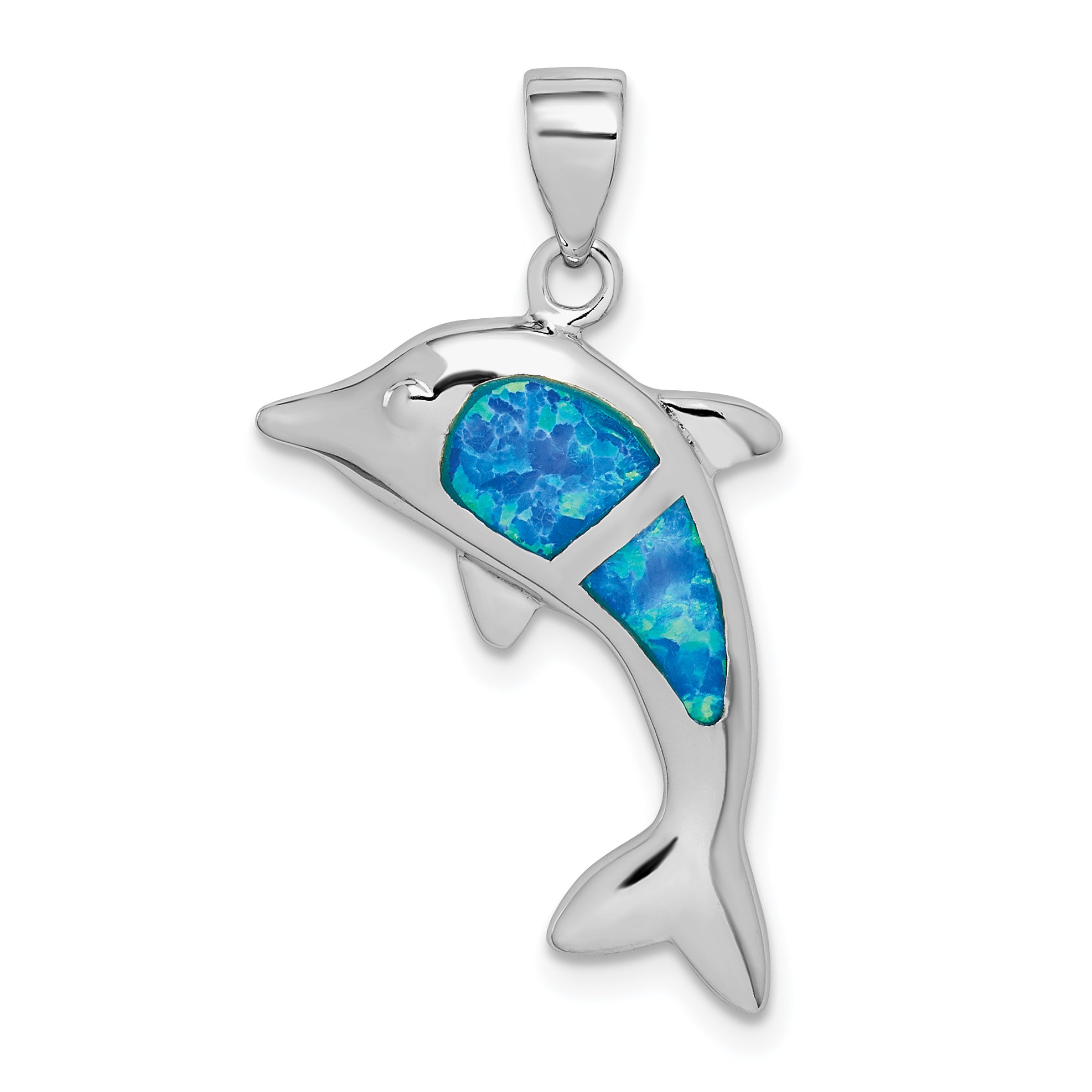 Sterling Silver Rhodium-plated Polished Created Blue Opal Dolphin Pendant Main image