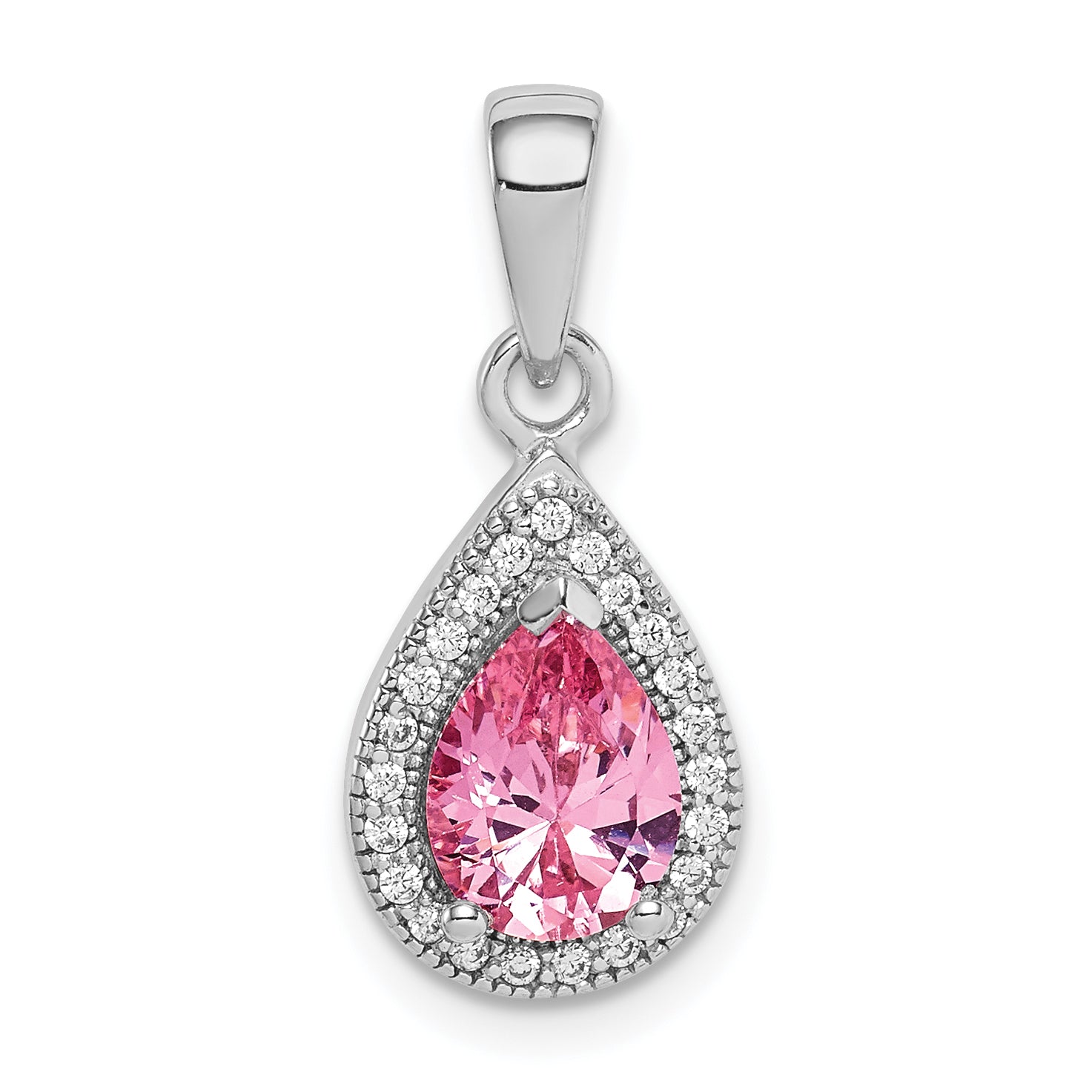Sterling Silver Rhodium Plated Pink and Clear CZ Pendant Main image