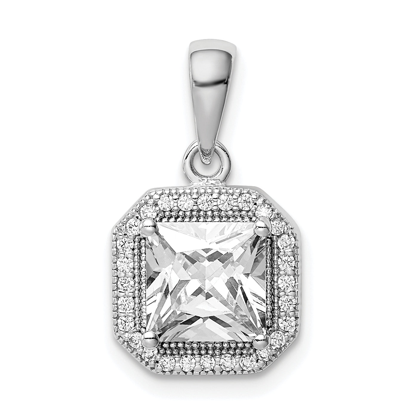 Sterling Silver Rhodium Plated Clear CZ and Square Clear CZ Pendant Main image