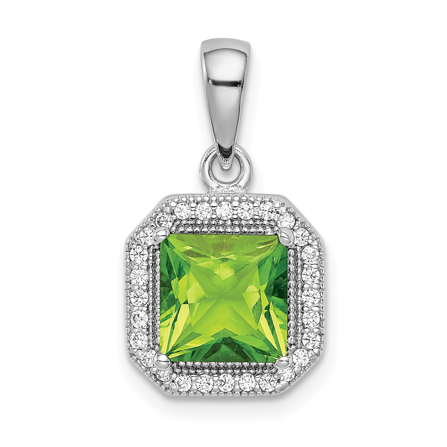 Sterling Silver Rhodium Plated Clear CZ and Square Green CZ Pendant Main image