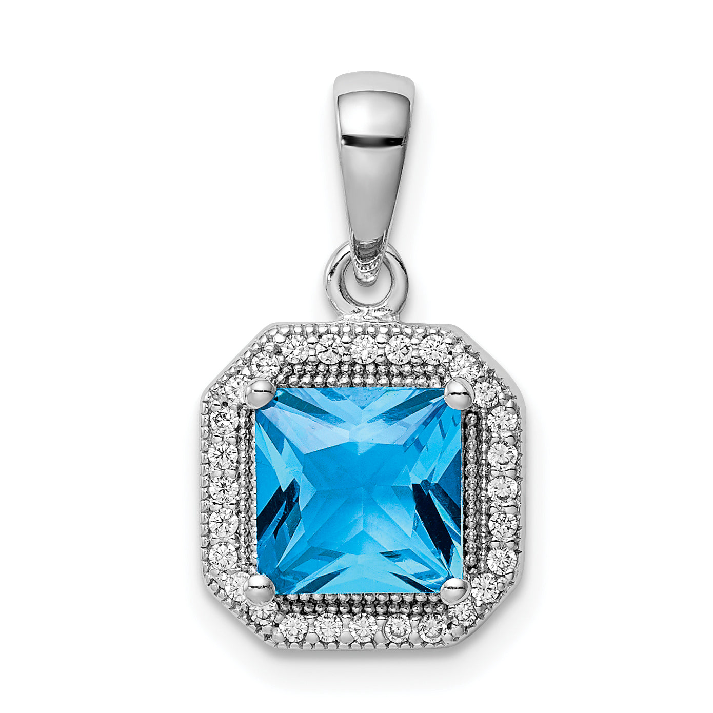 Sterling Silver Rhodium Plated Clear CZ and Square Blue CZ Pendant Main image