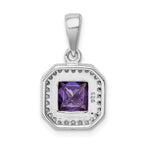 Sterling Silver Rhodium Plated Clear CZ and Square Purple CZ Pendant