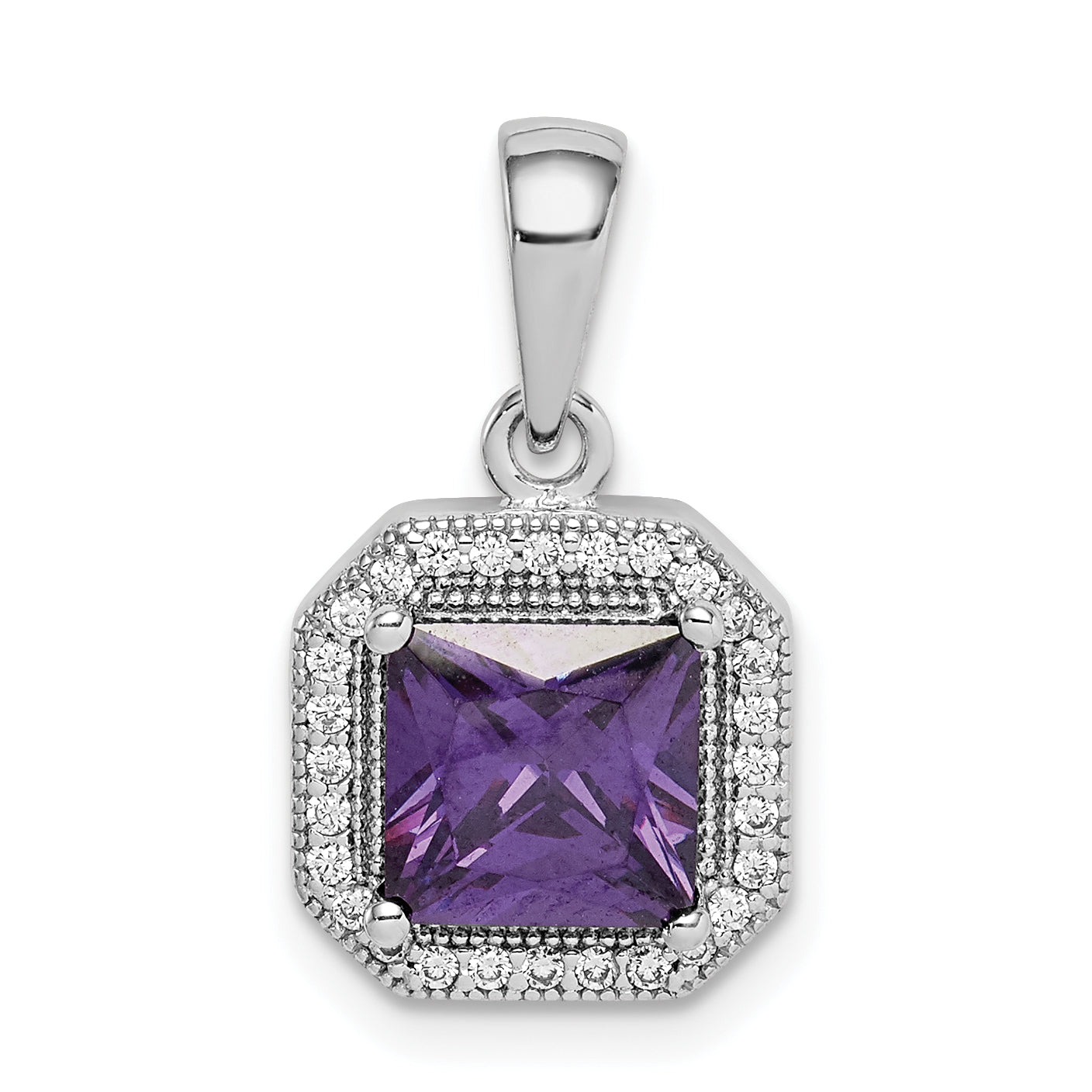 Sterling Silver Rhodium Plated Clear CZ and Square Purple CZ Pendant Main image