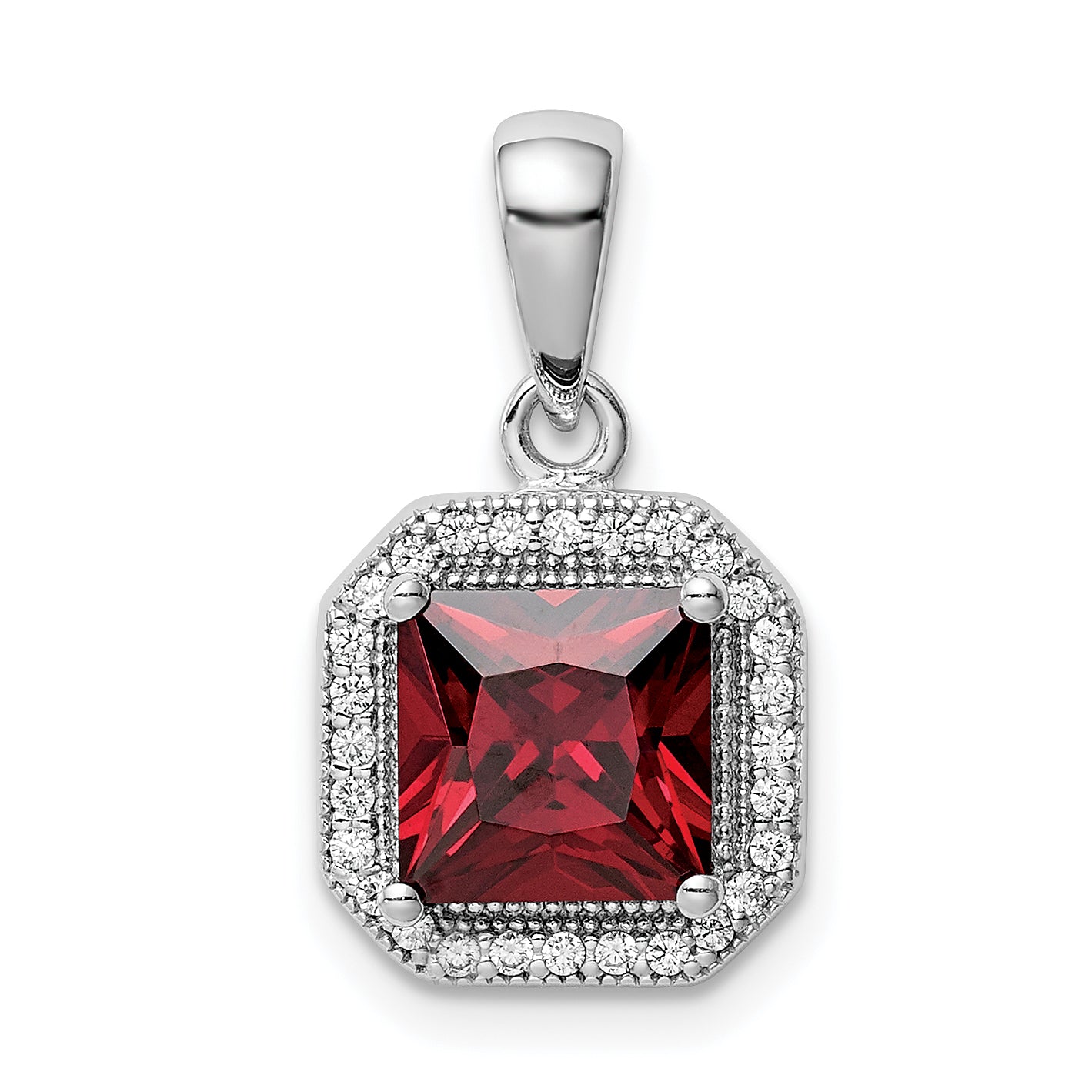 Sterling Silver Rhodium Plated Clear CZ and Square Red CZ Pendant Main image