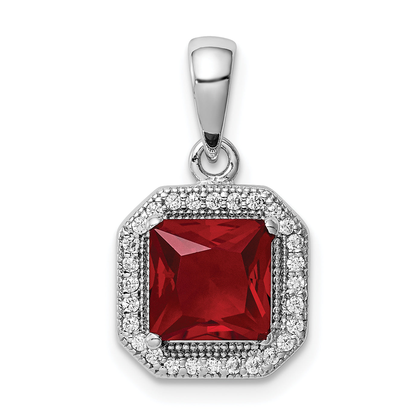 Sterling Silver Rhodium Plated Clear CZ and Square Red CZ Pendant Main image
