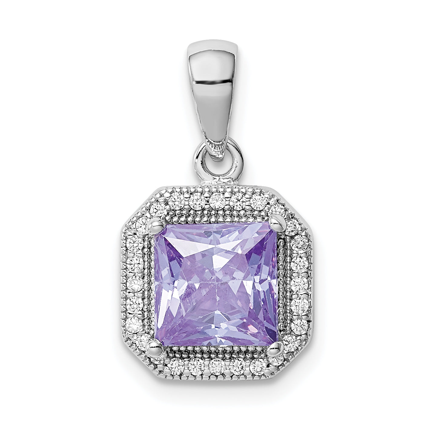Sterling Silver Rhodium Plated Clear CZ and Square Light Purple CZ Pendant Main image