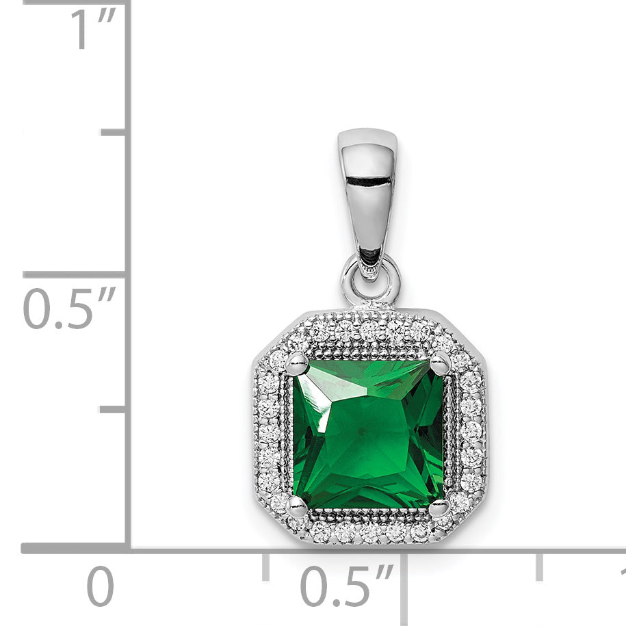 Sterling Silver Rhodium Plated Clear CZ and Square Green CZ Pendant