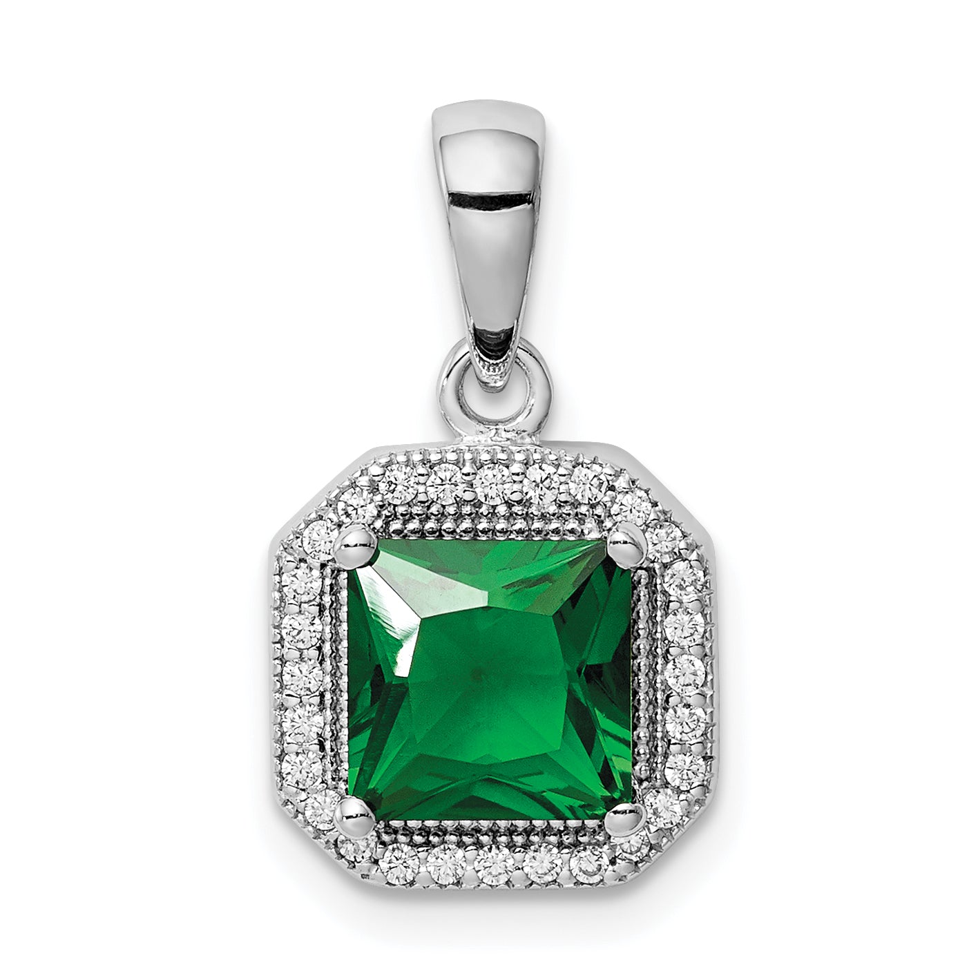 Sterling Silver Rhodium Plated Clear CZ and Square Green CZ Pendant Main image