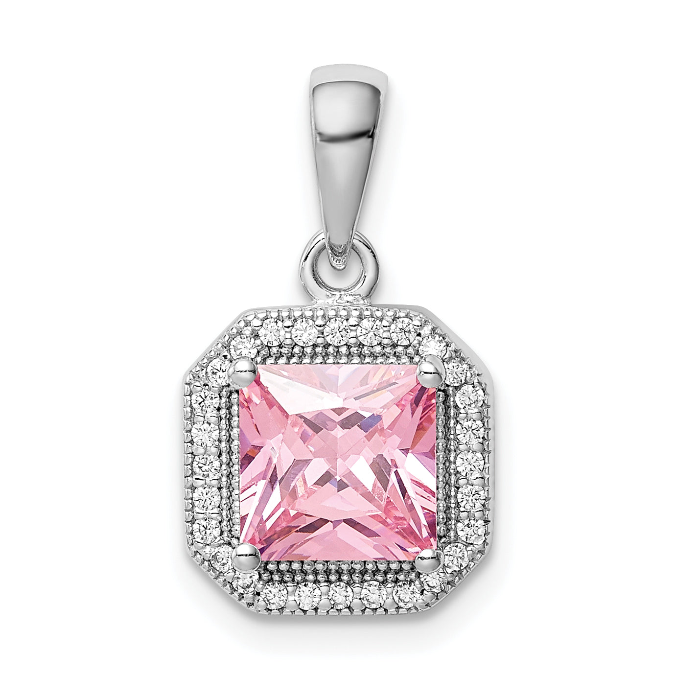 Sterling Silver Rhodium Plated Clear CZ and Square Pink CZ Pendant Main image